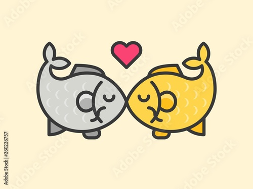 Fish couple cartoon vector on yellow background