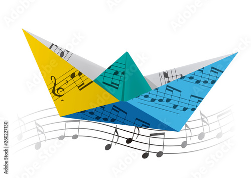  Colorful Origami boat on the wave with musical notes. Colorful Paper boat with musical notes swinging on waves with musical notes. Poetic musical theme. Isolated on white background. Vector available