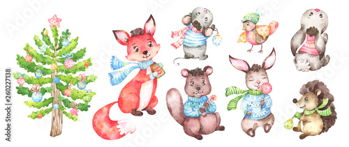 Set of hand painted winter, Christmas, New year themed illustrations of cartoon style woodland animals with a decorated Christmas tree