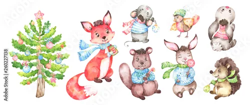 Panel kuchenny z motywem Set of hand painted winter, Christmas, New year themed illustrations of cartoon style woodland animals with a decorated Christmas tree