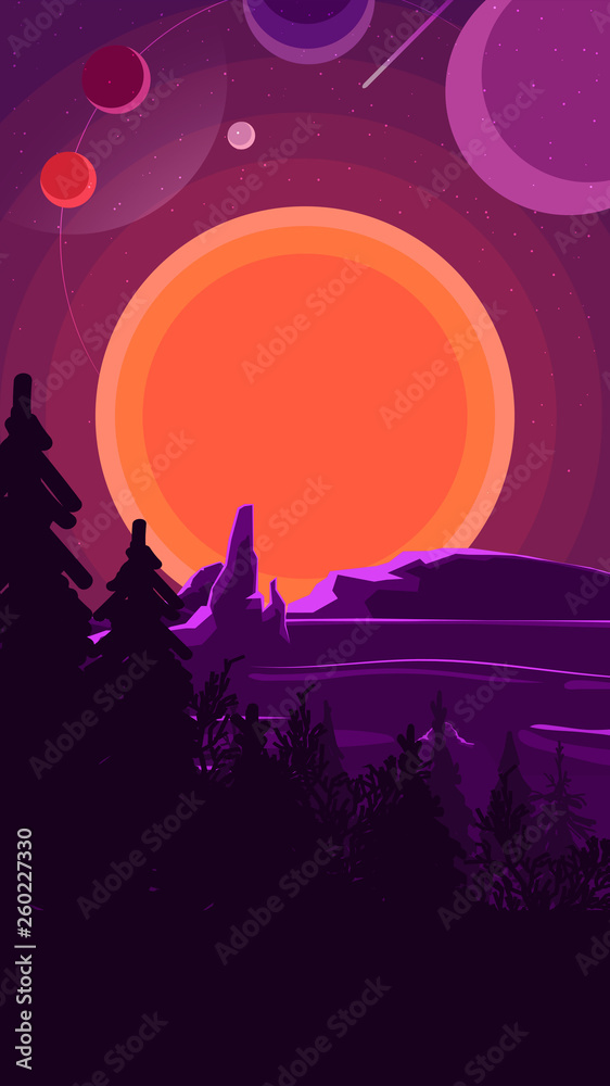 Landscape with sunset behind the mountains, forest and starry sky on purple sky. Vector illustration. Landscape with sunset behind the mountains, forest and starry sky on purple sky. Vector illustration.