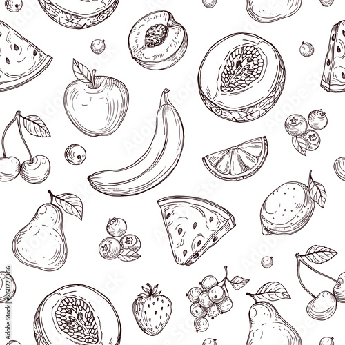 Doodle fruits seamless pattern. Sketch fresh organic berries vector endless texture. Fruits and berry healthy, sweet and ripe illustration