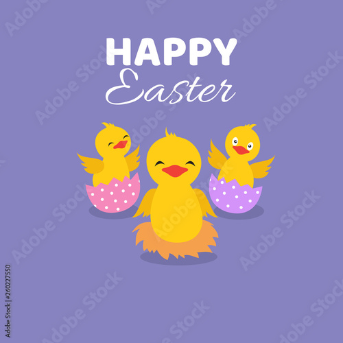 Easter egg and chicks. Cute baby chickens with shell. Happy easter greeting vector card. Illustration of chicken eggs, spring animal easter