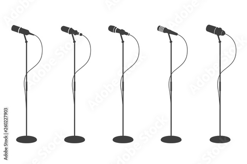 Microphone silhouettes. Standing microphones audio equipment. Concept and karaoke music mics vector isolated collection. Mic audio, microphone for speech and record illustration