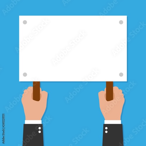 Two Hands holding placard. Vector flat for web banners, infographic design