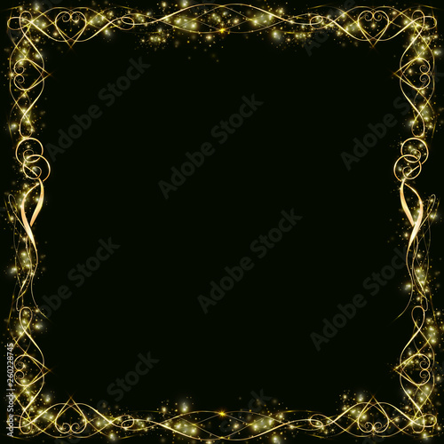 Vector golden frame with hearts effects of light. Preparation for postcard Christmas wedding