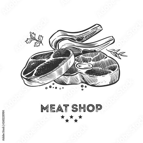 Meat products, fresh beafsteak and ribs hand drawn vector illustration. Steak pork, beefsteak for barbecue, sirloin and bacon