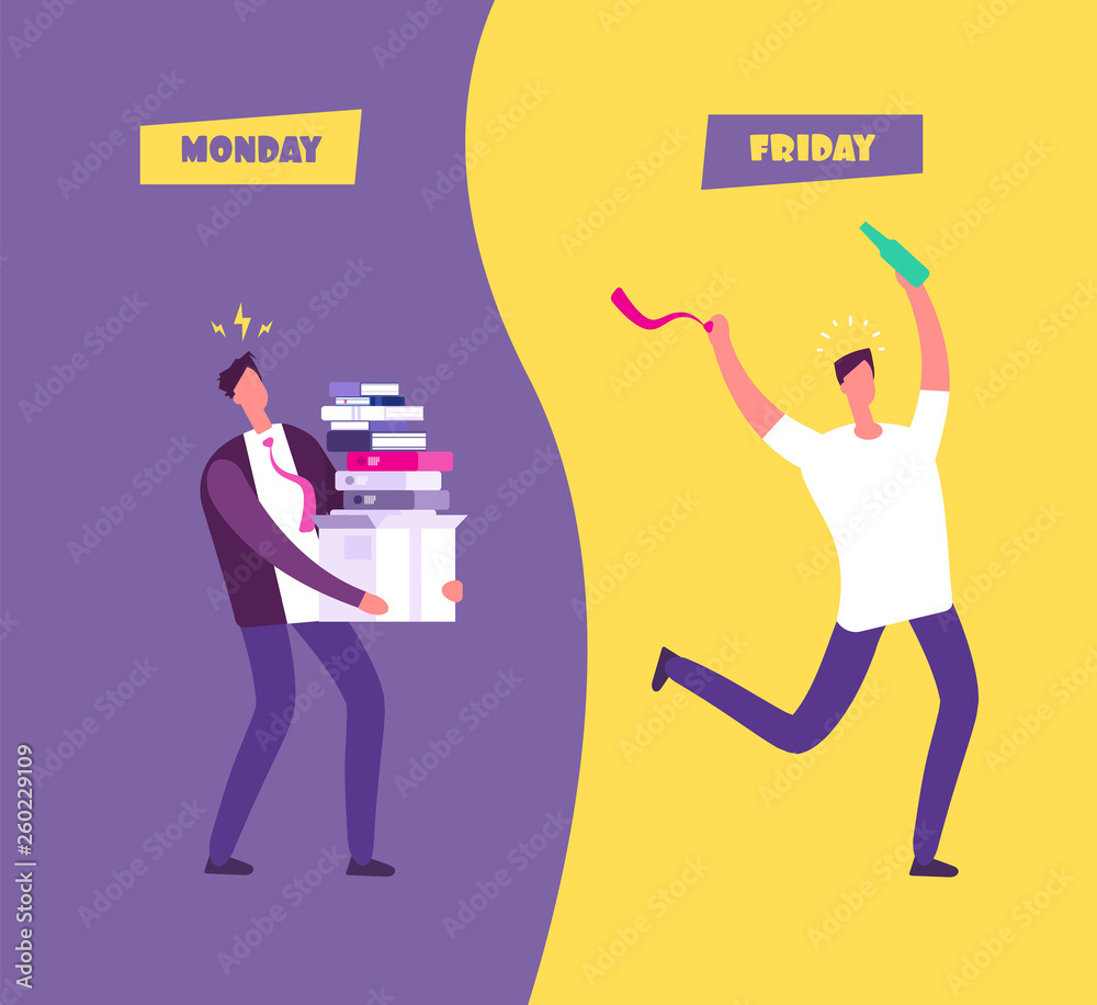 Happy friday concept. Businessman in sad overwhelmed monday vs relax  friday. Enjoy weekend cartoon vector background. Friday and monday, happy  and sad worker illustration Stock Vector | Adobe Stock
