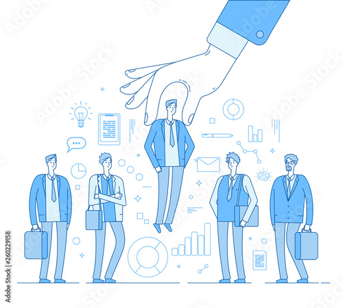 Choice employer. Hand choosing man from selected people group. Human recruitment hunting, selecting choicing candidate vector concept. Illustration of recruitment worker, resource human