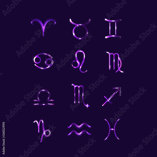 Zodiac signs set on dark background  horoscope  shining signs of the zodiac