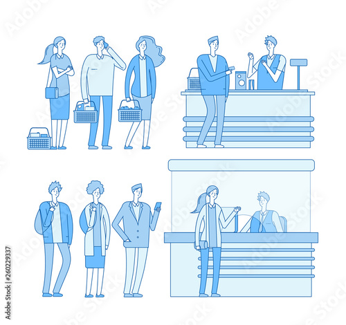 Queue grocery. People standing waiting in line to cash register in store supermarket, queue to ticket window. Vector concept. Illustration of people queue in supermarket or grocery