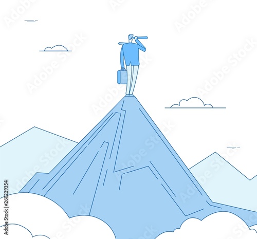 Vision concept. Businessman standing on mountain peak looking with spyglass. Motivation successful future business vector concept. Business vision in future, man with spyglass illustration