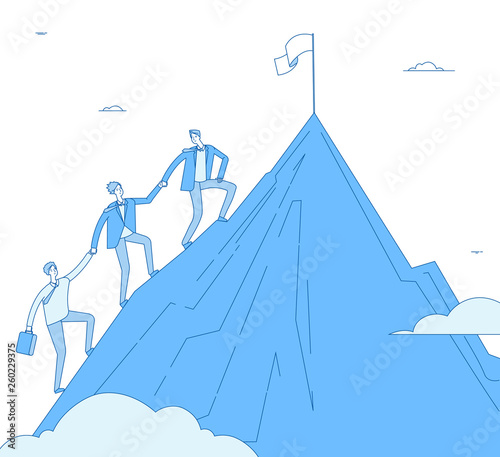 Men climb mountain. Success leader with team go up top successful winner. Business reaching, leadership achievement vector concept. Successful business team go climb to rock illustration