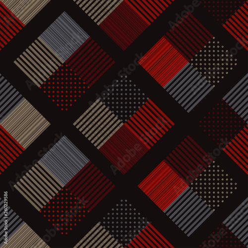 Trendy seamless pattern designs. A mosaic of stripes and polka dots with the old texture. Vector geometric background. Can be used for wallpaper, textile, invitation card, wrapping, web page backgroun