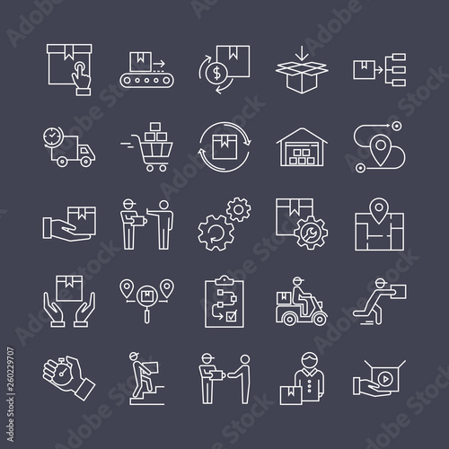 Fast delivery logistic icons big set in flat style. Vector icons for web, infographic or print. Baggage trolley vector, route, cash, 24 hours, sea shipping, truck trailer, cargo container, warehouse.
