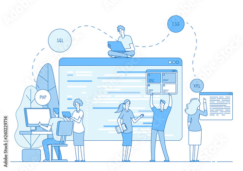 Programmers coding website. Coders write source code on screen on window. Php css engineer designer support line vector concept. Illustration of team programmer write code for software