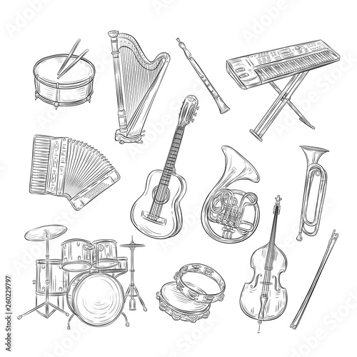 Sketch musical instruments. Drum harp flute synthesizer accordion guitar trumpet cello. Music vintage outline hand drawn vector set. Drum and trumpet, outline cello and guitar illustration