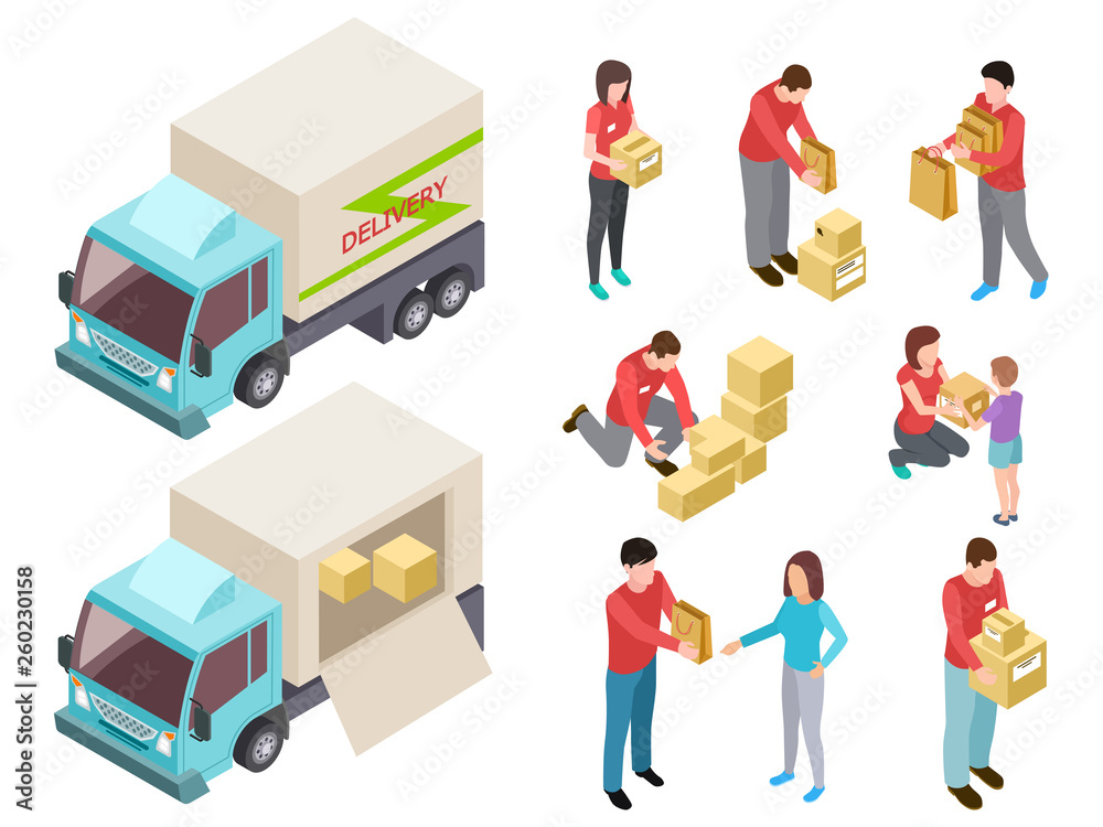 Isometric delivery service with people and truck vector set. Illustration of truck delivery, service logistic and shiping Isometric delivery service with people and truck vector set. Illustration of truck delivery, service logistic and shiping