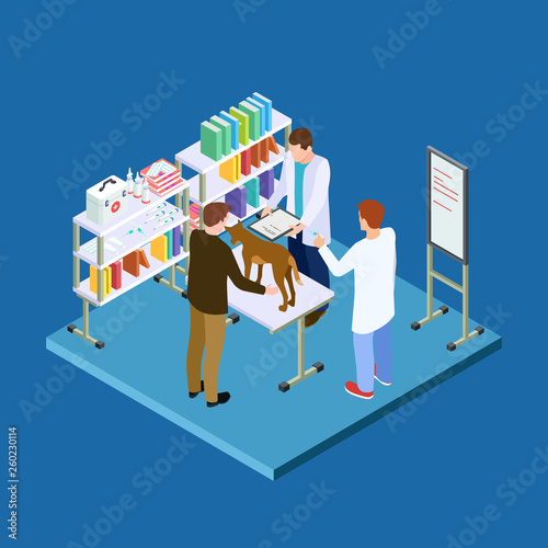Dog on reception at the vet. Veterinary office isometric vector concept. Illustration of pet veterinary clinic, care healthcare
