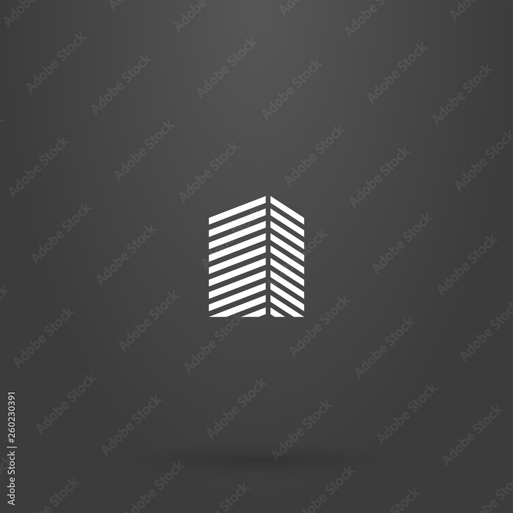 white sign on a black background. simple line art geometric sign of a high-rise building from diagonal lines