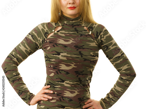 Woman wearing camo moro top