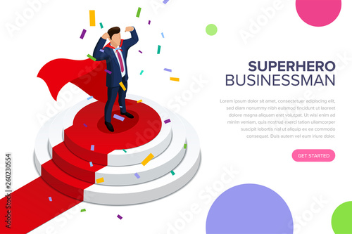Superhero businessman standing on a pedestal. The best employee of the month. Top manager or boss. The process of awarding. Editable vector isometric illustration.