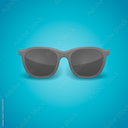 Black realistic sunglasses isolated on blue background. Vector illustration.