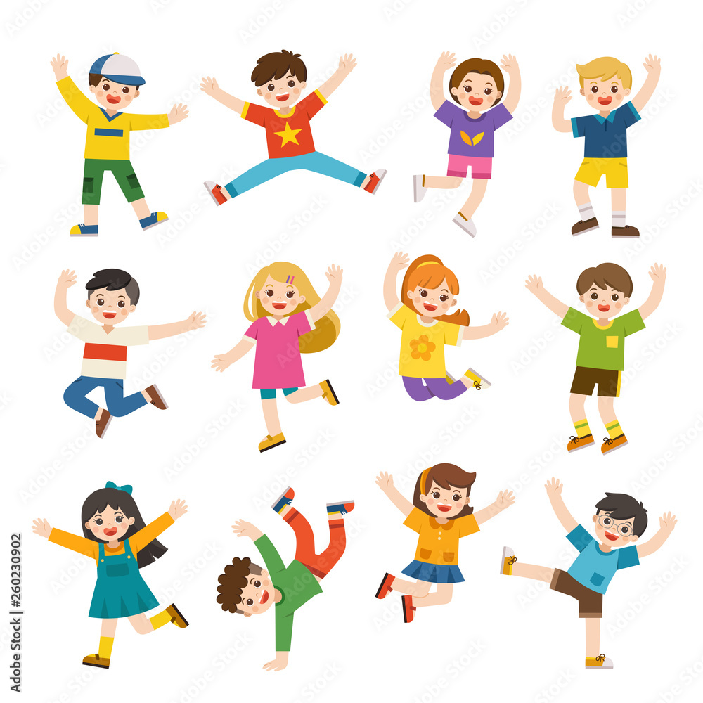 Children's activities. Happy kids jumping together on the background. Boys and girls are playing together happily. Vector illustration.