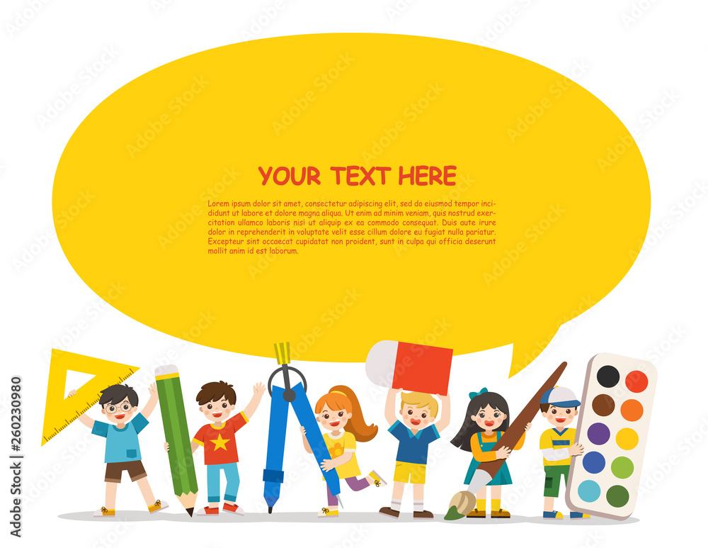 Back to School. Happy school kids with elements of school. Template for advertising brochure. Children look up with interest. Back to School. Happy school kids with elements of school. Template for advertising brochure. Children look up with interest.