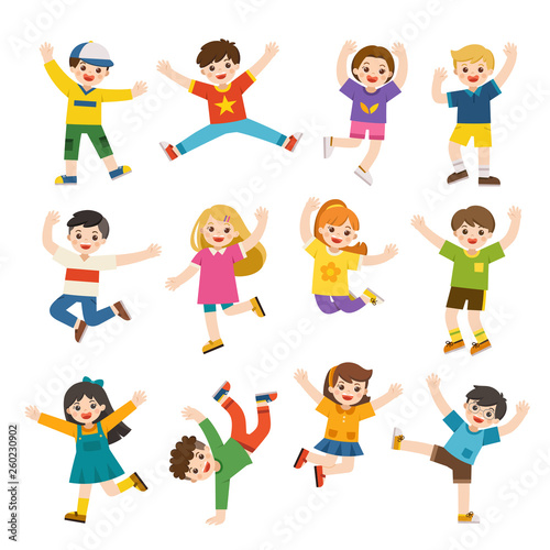 Children s activities. Happy kids jumping together on the background. Boys and girls are playing together happily. Vector illustration.