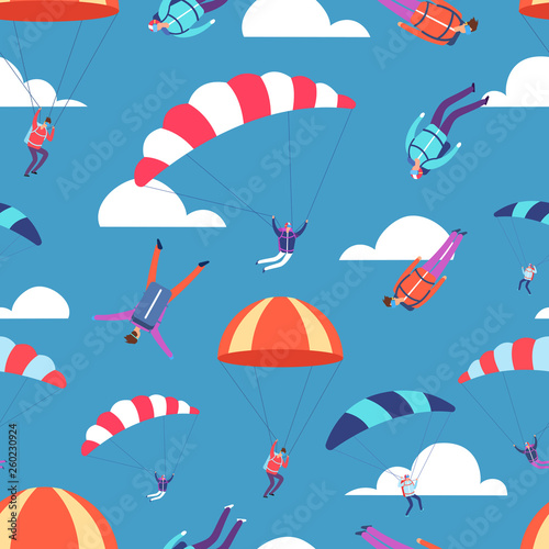 Skydivers, jumpers in sky vector seamless pattern. Illustration of skydiving and parachuting, paragliding hobby