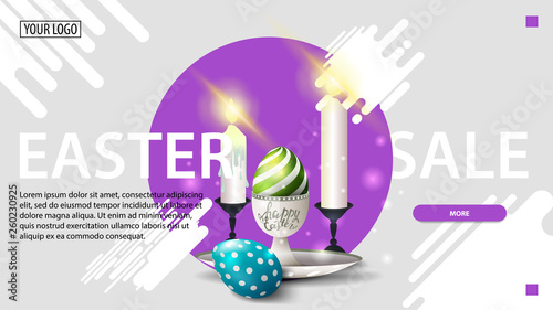 Easter sale, modern white horizontal discount banner with purple circle, button, Easter eggs and candles