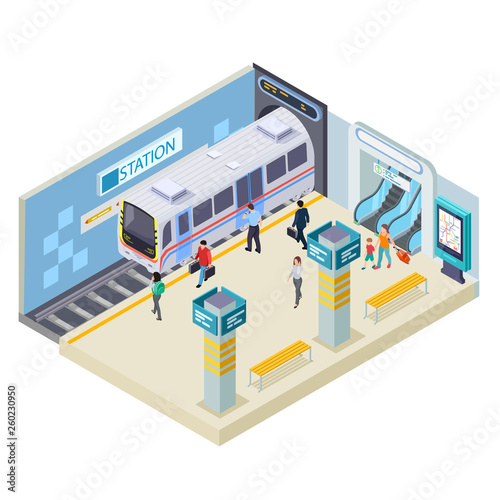 Subway station isometric vector illustration isolated on white. Isometric transport underground, subway station