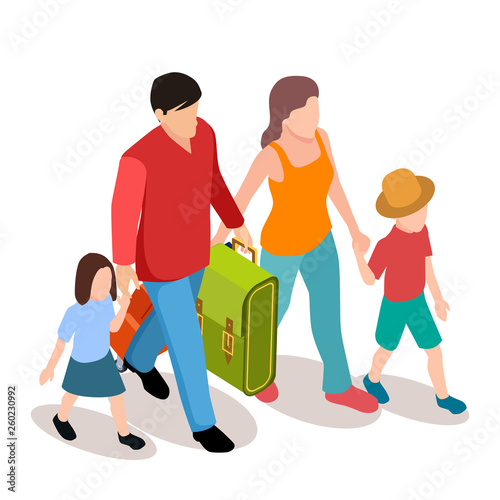 Vector family with two children traveling isometric illustration. Family journey together, mother and father with children