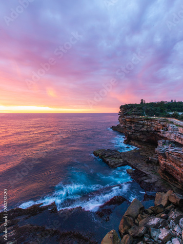 Colorful sunrise clouds view over The Gap cliff, Watsons Bay, Sydney, Australia.