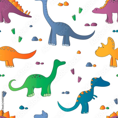 Childish seamless pattern with cute dinosaurs on white background. Design for fabric  textile  decor. Vector illustration.