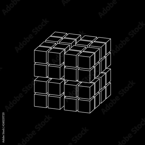 Abstract 3d cube from cubes. Dimetric projection. Vector outline illustration.