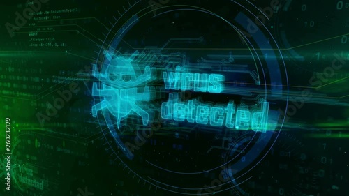 Virus detected hologram on digital background. Wrom, danger alert, infection, antivirus, cyber attack and warning abstract concept. Futuristic 3D animation. photo