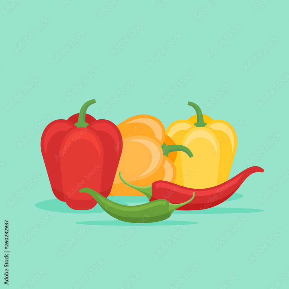 Bell and chilli coloured peppers isolated on green background. Flat