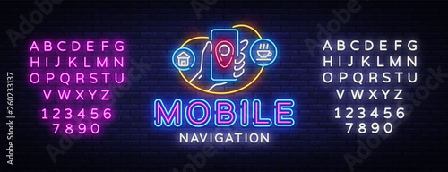 Mobile Navigation Neon Sign Vector. Mobile Navigation neon design template, modern trend design, night signboard, night bright advertising, light banner, light art. Vector. Editing text neon sign