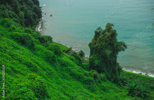 Top view of the sea coast with rail tracks from the observation platform of the Botanical Garden of Batumi, Georgia.