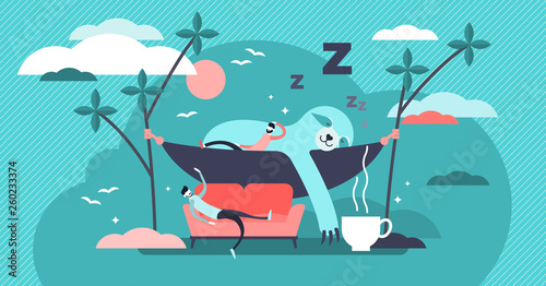 Laziness vector illustration. Flat tiny sleepy animals and persons concept.