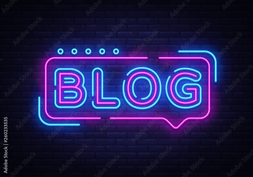 Blogging neon text vector design template. Blog neon logo, light banner design element colorful modern design trend, night bright advertising, bright sign. Vector illustration