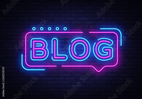 Blogging neon text vector design template. Blog neon logo, light banner design element colorful modern design trend, night bright advertising, bright sign. Vector illustration