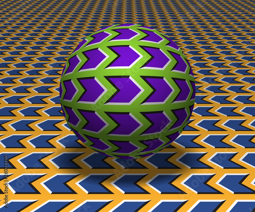 Sphere hovers above the surface. Abstract objects with arrow shapes pattern. Vector optical illusion illustration.