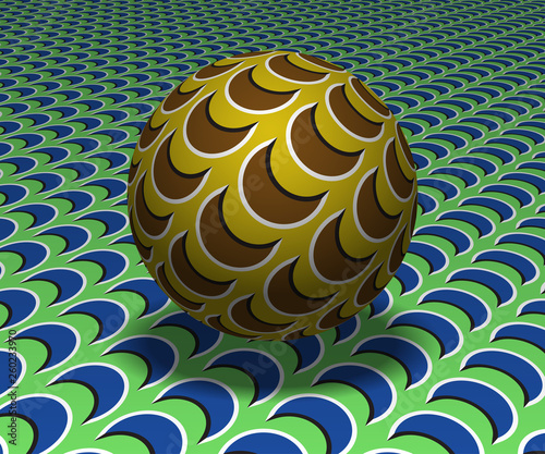 Sphere hovers above the surface. Abstract objects with sickle shapes pattern. Vector optical illusion illustration.
