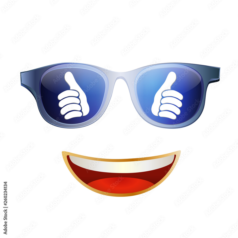 Thumbs up reflected in cool sunglasses. Character smile. Positive and approval. Online community. Social network concept. Share and follow. Isolated Thumbs up reflected in cool sunglasses. Character smile. Positive and approval. Online community. Social network concept. Share and follow. Isolated
