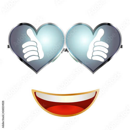Thumbs up reflected in cool heart shaped sunglasses. Character smile. Online community. Positive and approval. Social network concept. Share and follow. Isolated
