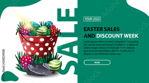 Easter sales and discount week, modern green horizontal discount banner with button and bucket with Easter eggs
