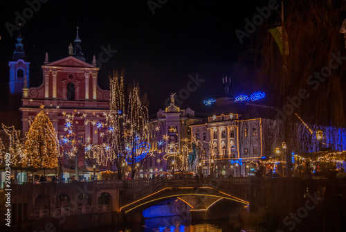 LJUBLJANA, SLOVENIA, 2018.12.24: New years decorations in city center at night.